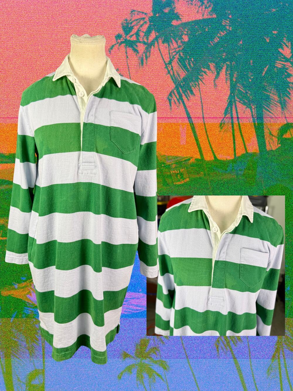 Vintage Early 90s J.Crew Lavender Green Stripe White Collar Rugby Shirt MP